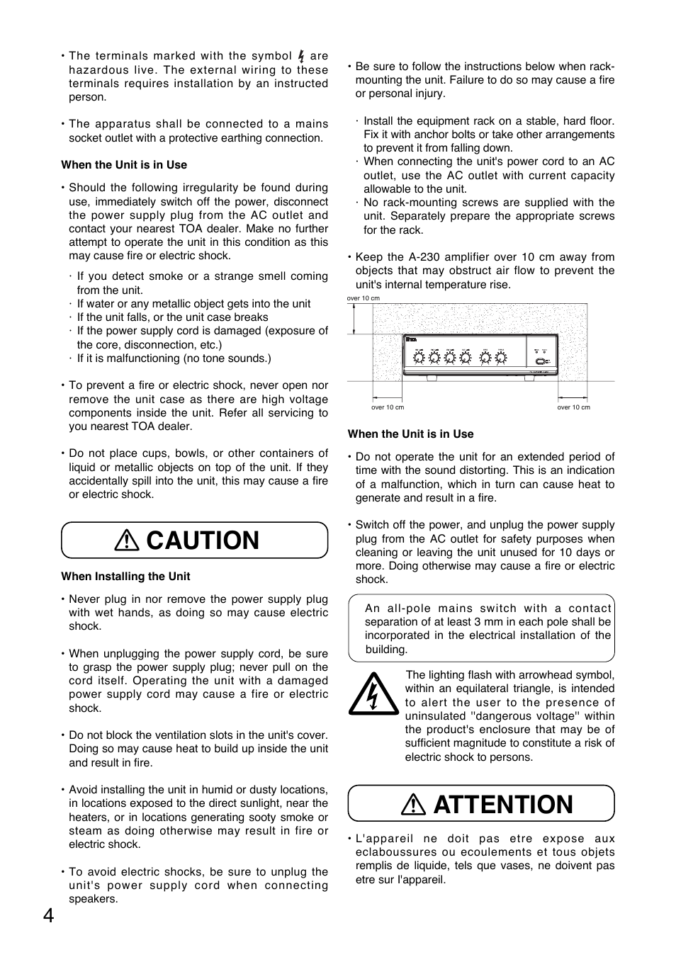 Caution, Attention | Toa A-230 CE-GB User Manual | Page 4 / 12