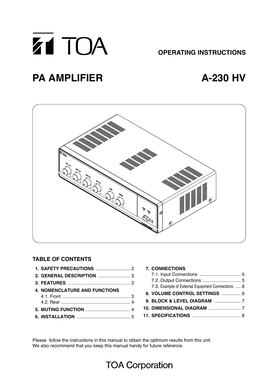 Toa A-230 HV User Manual | 8 pages