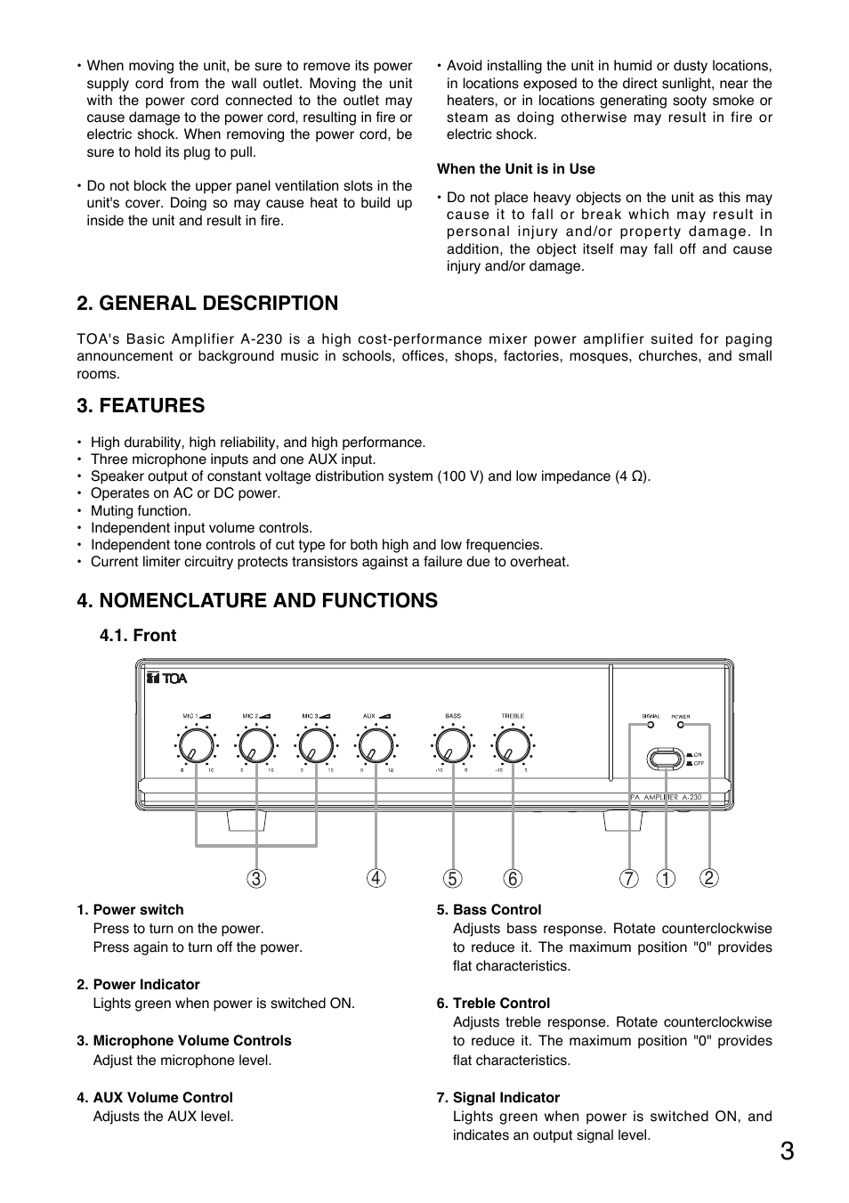General description, Features, Nomenclature and functions | Toa A-230 HV User Manual | Page 3 / 8