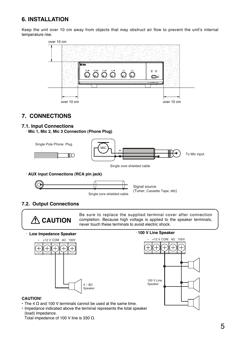 Caution, Connections, Installation | Input connections, Output connections | Toa A-230 HV User Manual | Page 5 / 8