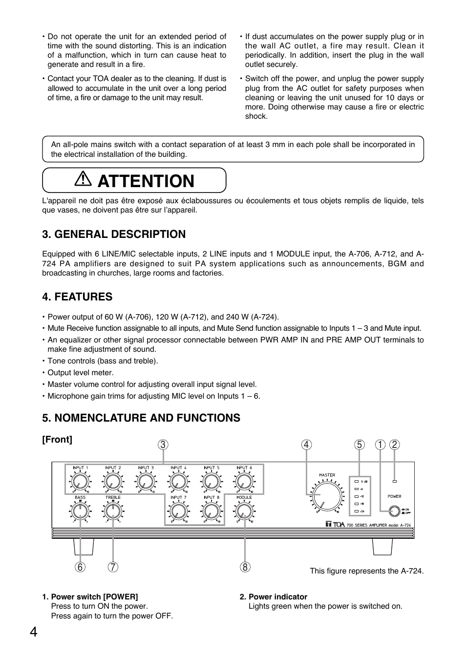 Attention | Toa A-724 User Manual | Page 4 / 12