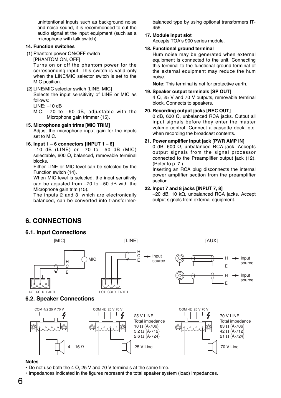 Connections, Input connections, Speaker connections | Toa A-724 User Manual | Page 6 / 12