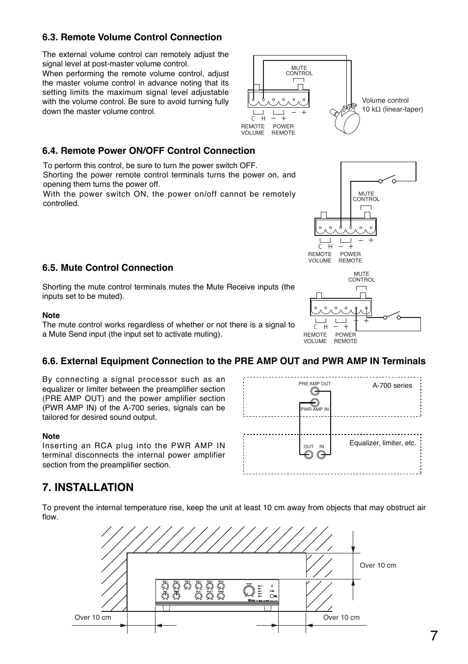 Installation, Remote power on/off control connection, Mute control connection | Remote volume control connection | Toa A-724 User Manual | Page 7 / 12