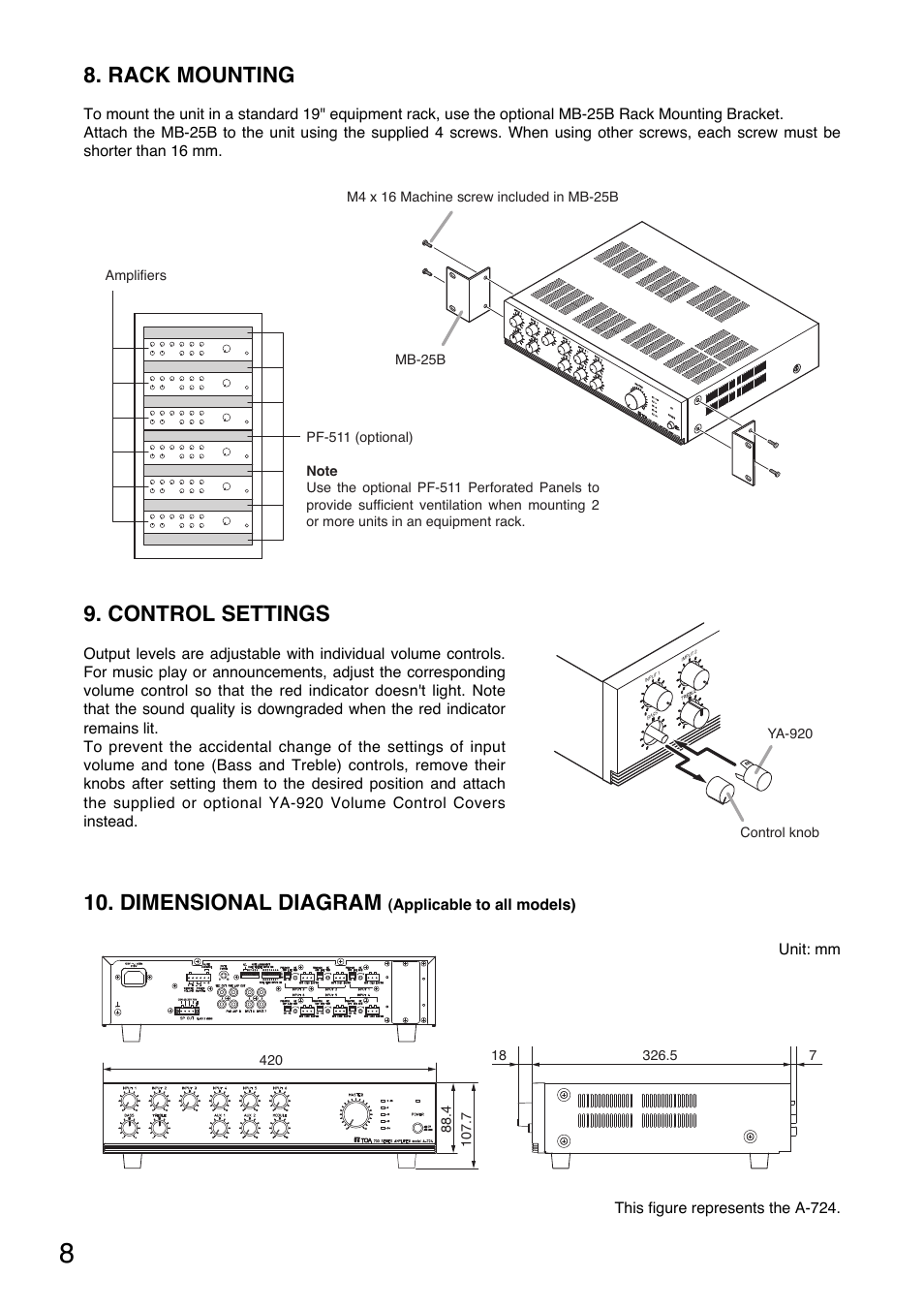 Rack mounting, Control settings, Dimensional diagram | Toa A-724 User Manual | Page 8 / 12