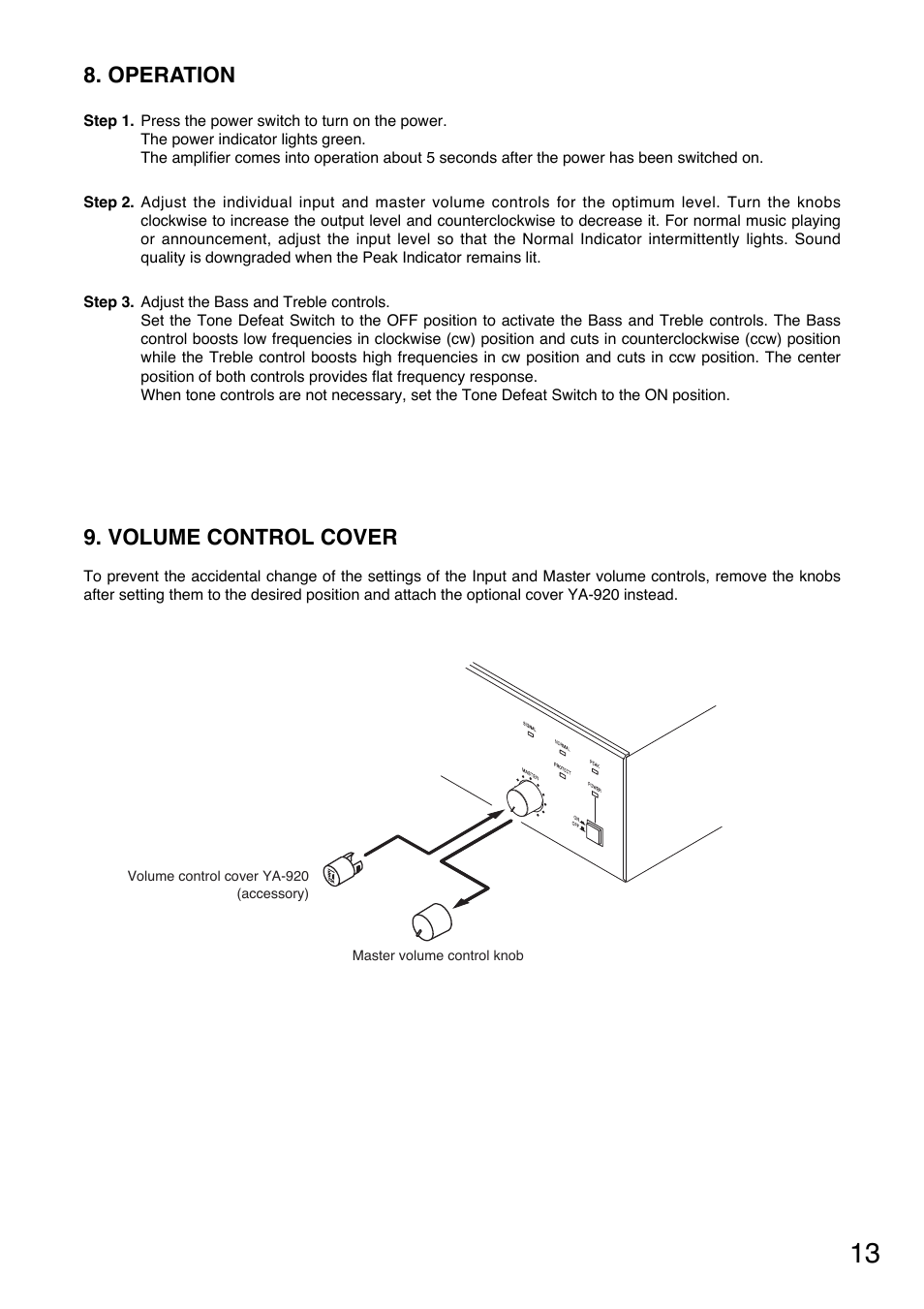Volume control cover, Operation | Toa A-912MK2 User Manual | Page 13 / 16
