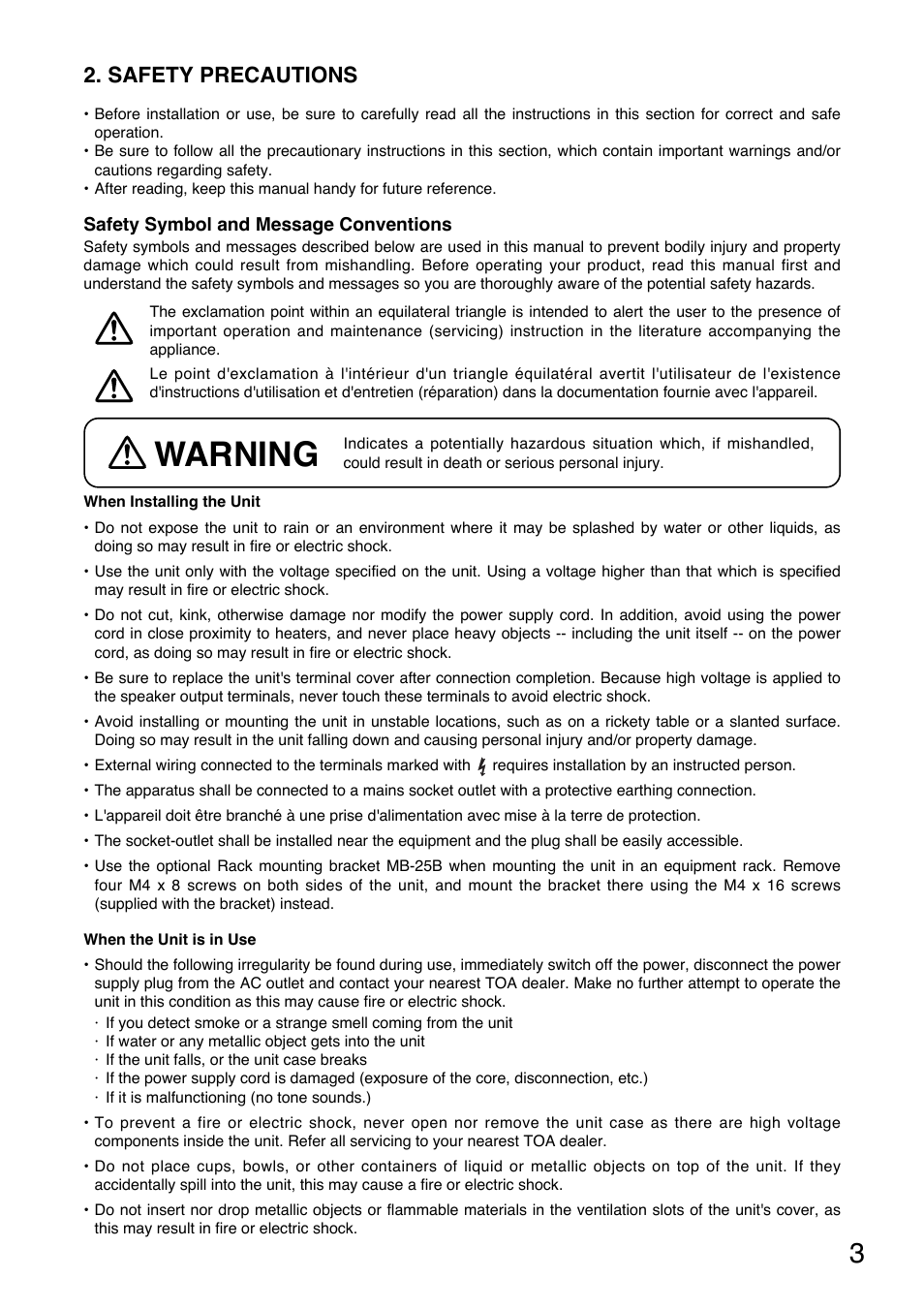 Warning, Safety precautions | Toa A-912MK2 User Manual | Page 3 / 16