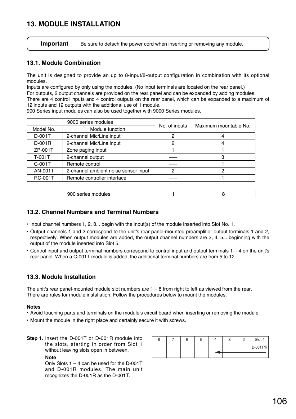 Module installation, Module combination, Channel numbers and terminal numbers | Refer to, P. 106 "module installation | Toa A-9240SHM2 User Manual | Page 106 / 163