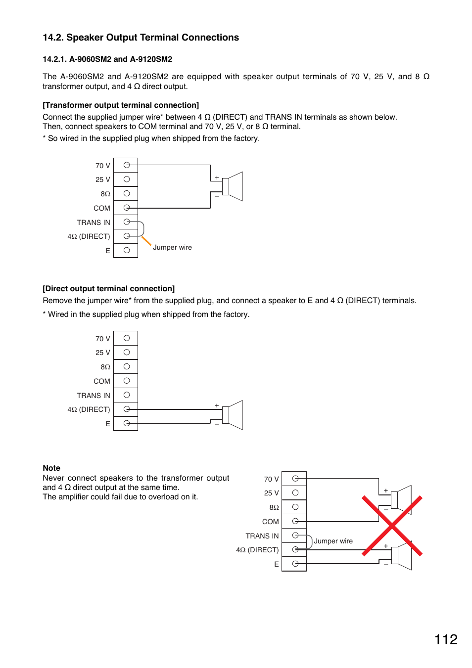 Speaker output terminal connections, A-9060sm2 and a-9120sm2, Refer to | P.112 "speaker output terminal, Connections | Toa A-9240SHM2 User Manual | Page 112 / 163