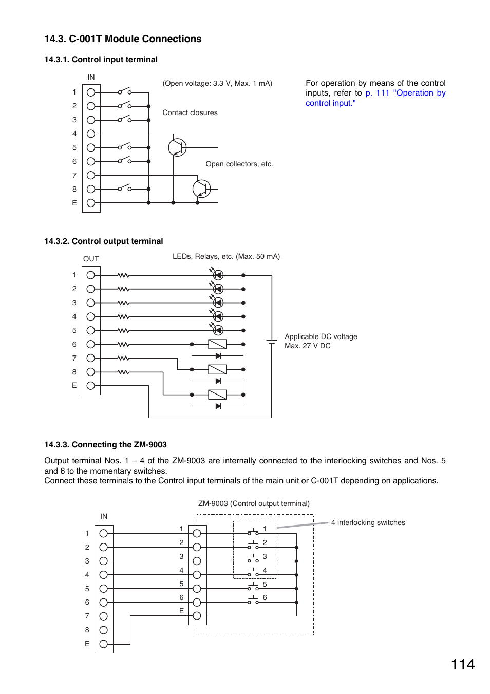 C-001t module connections, Control input terminal, Control output terminal | Connecting the zm-9003 | Toa A-9240SHM2 User Manual | Page 114 / 163