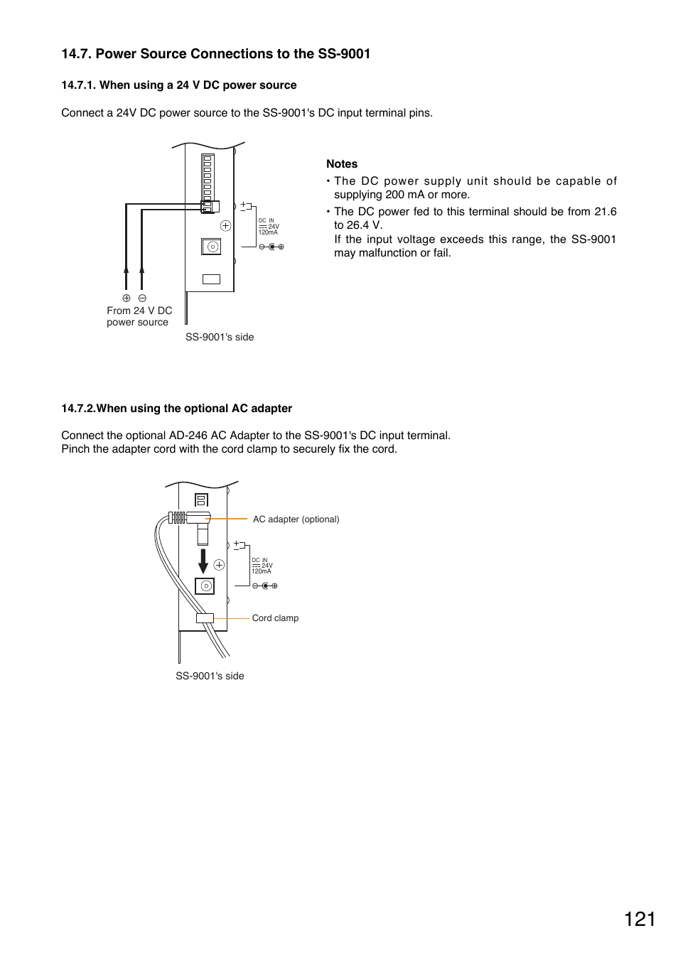 An-001t and an-9001 connections, Power source connections to the ss-9001, When using a 24 v dc power source | When using the optional ac adapter | Toa A-9240SHM2 User Manual | Page 121 / 163