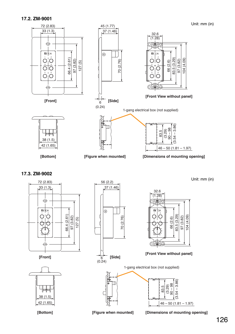 Zm-9001, Zm-9002, Unit: mm (in) | Toa A-9240SHM2 User Manual | Page 126 / 163