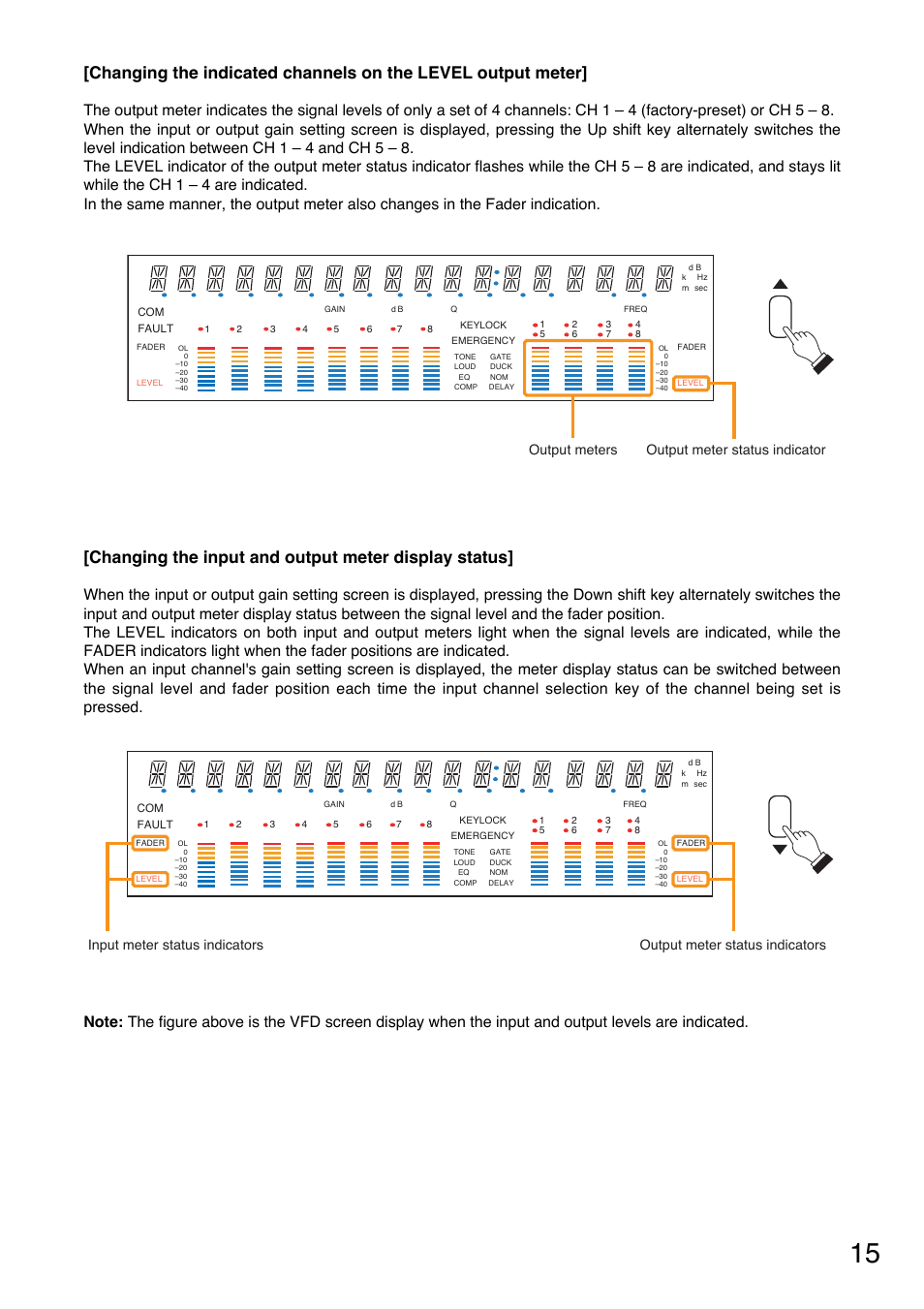 Changing the input and output meter display status, Output meters output meter status indicator | Toa A-9240SHM2 User Manual | Page 15 / 163