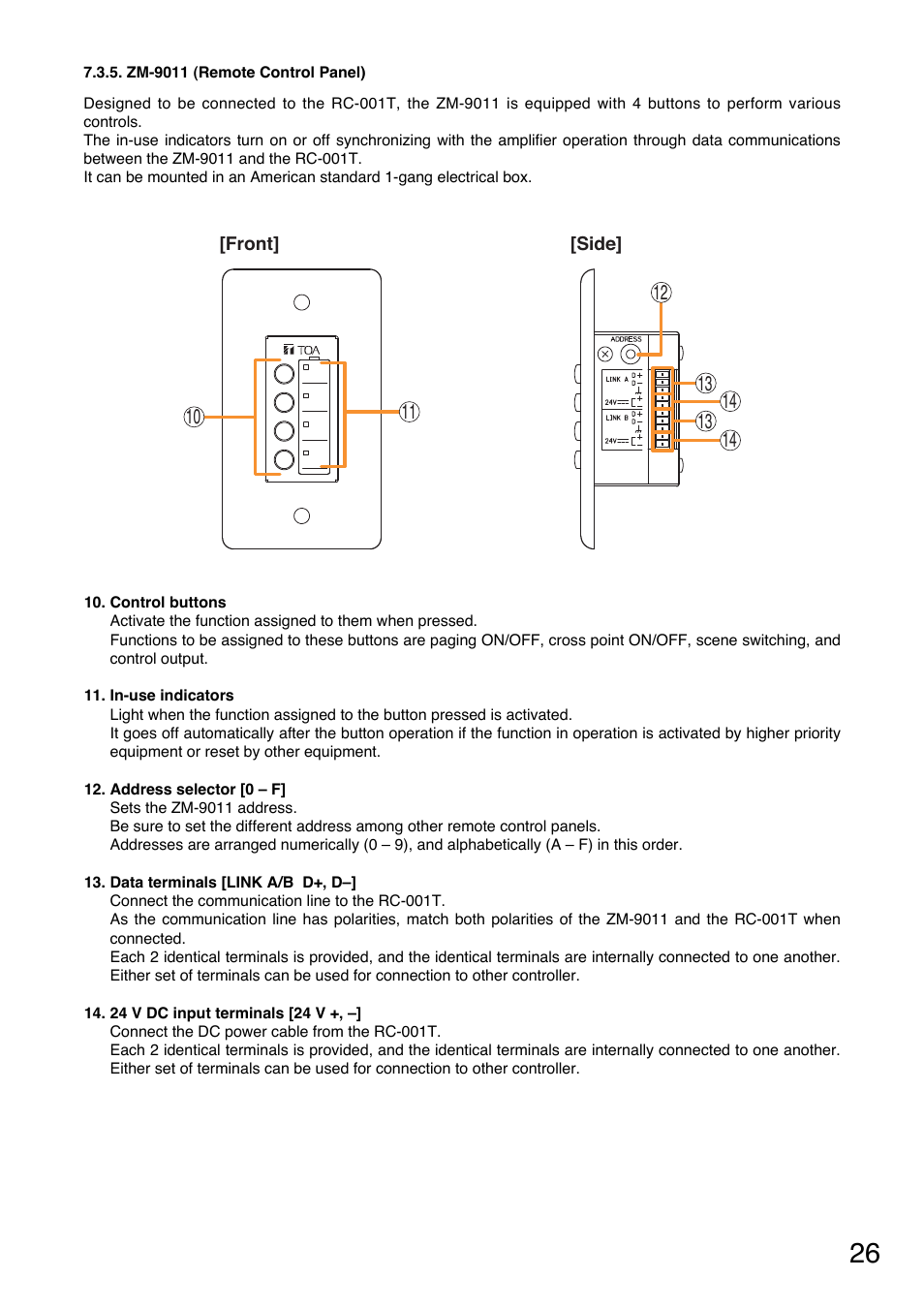 Zm-9011 (remote control panel) | Toa A-9240SHM2 User Manual | Page 26 / 163