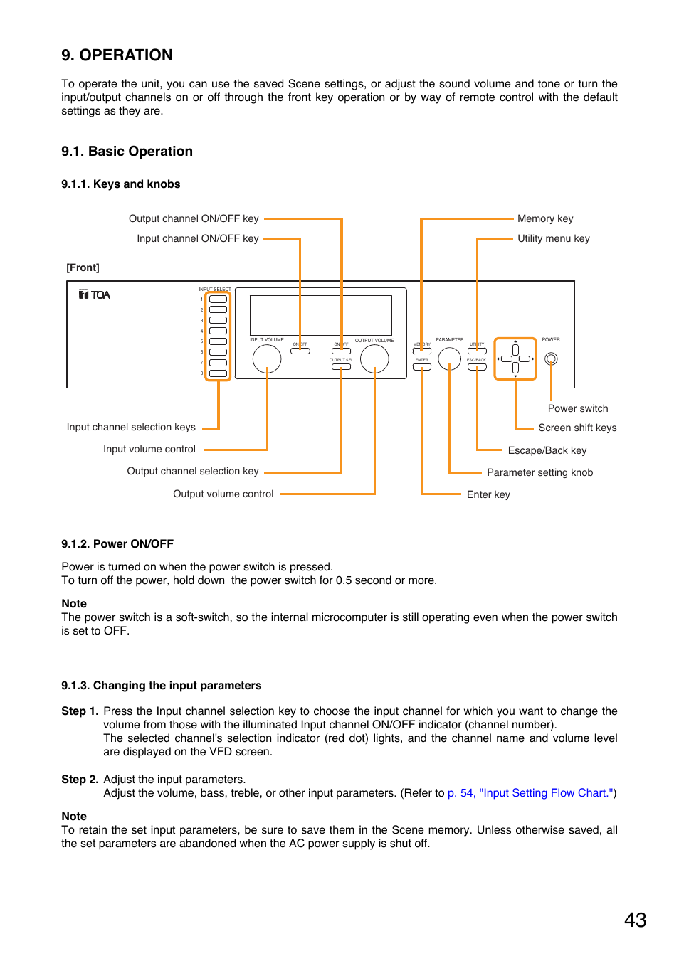 Operation, Basic operation, Keys and knobs | Power on/off, Changing the input parameters | Toa A-9240SHM2 User Manual | Page 43 / 163