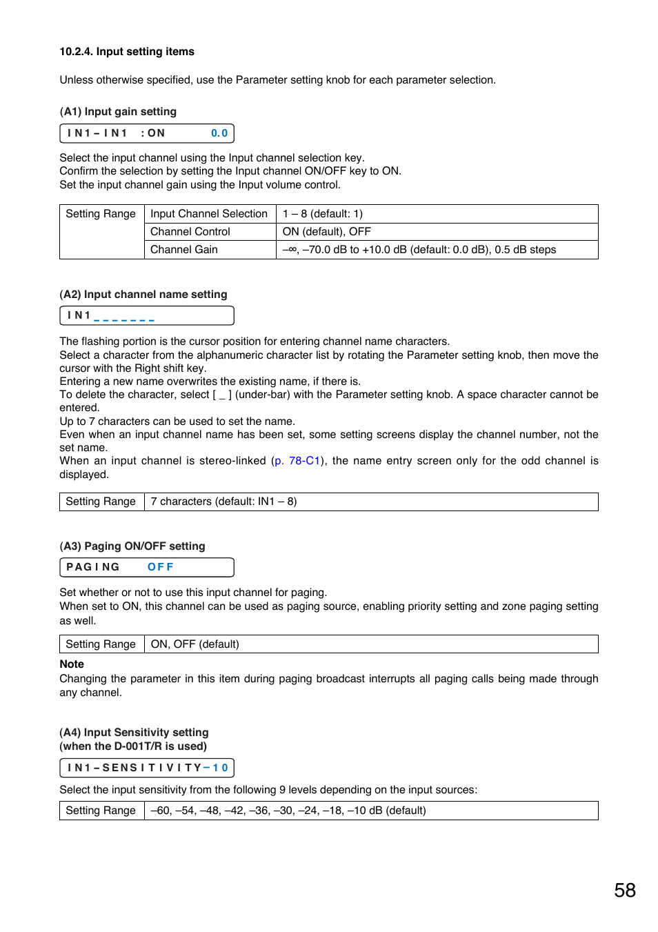 Input setting items, Setting, P. 58 | P.58-a1), P.58-a3), P.58-a2), P.58-a4) | Toa A-9240SHM2 User Manual | Page 58 / 163