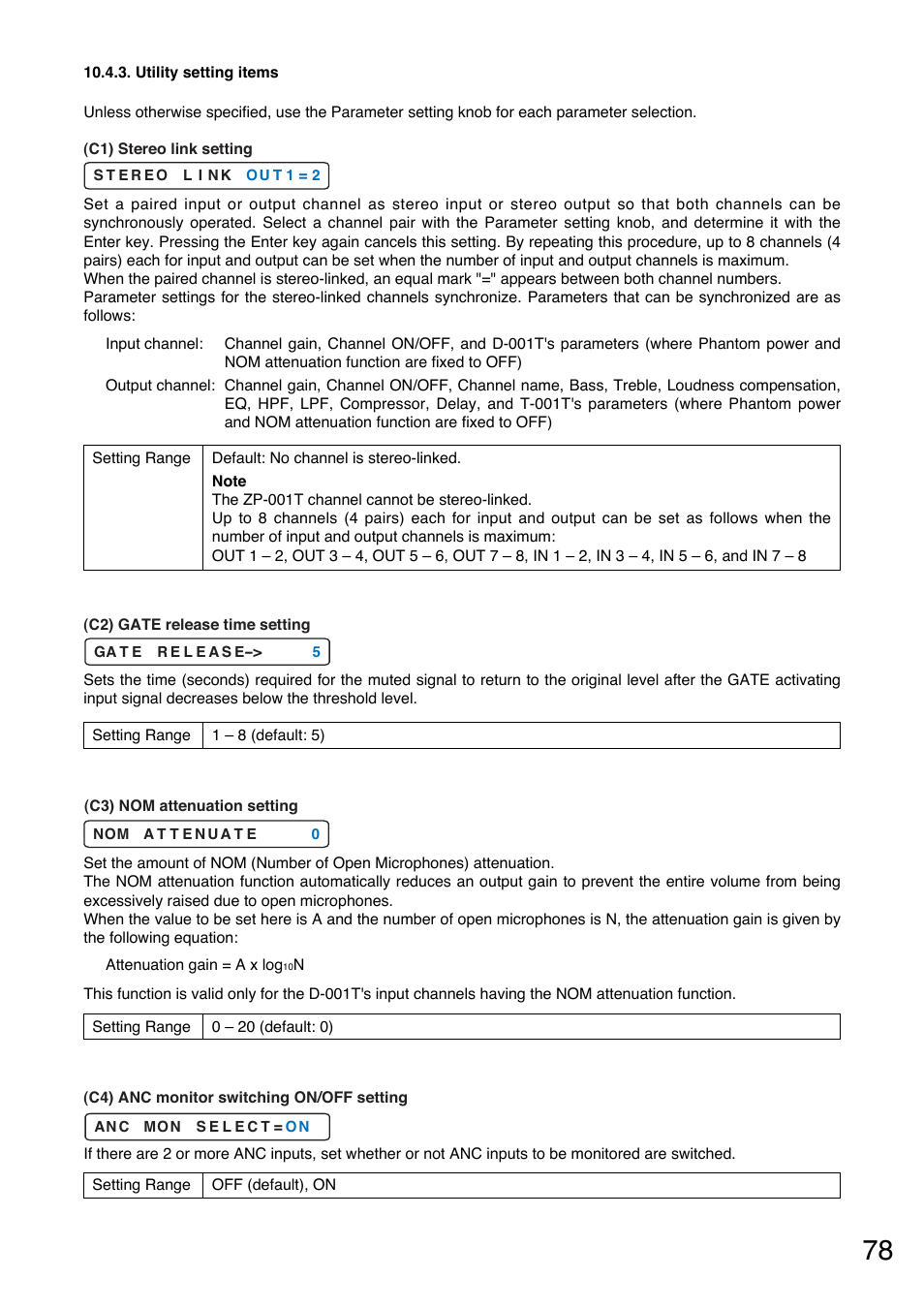 Utility setting items, P. 78-c3, Each time | When an input channel is stereo-linked, P. 78-c1, The name entry screen only for the odd channel is, P.78-c1), 1 2 3 4 5 6 7 8 9 a b, P.78-c3), P.78-c2) | Toa A-9240SHM2 User Manual | Page 78 / 163