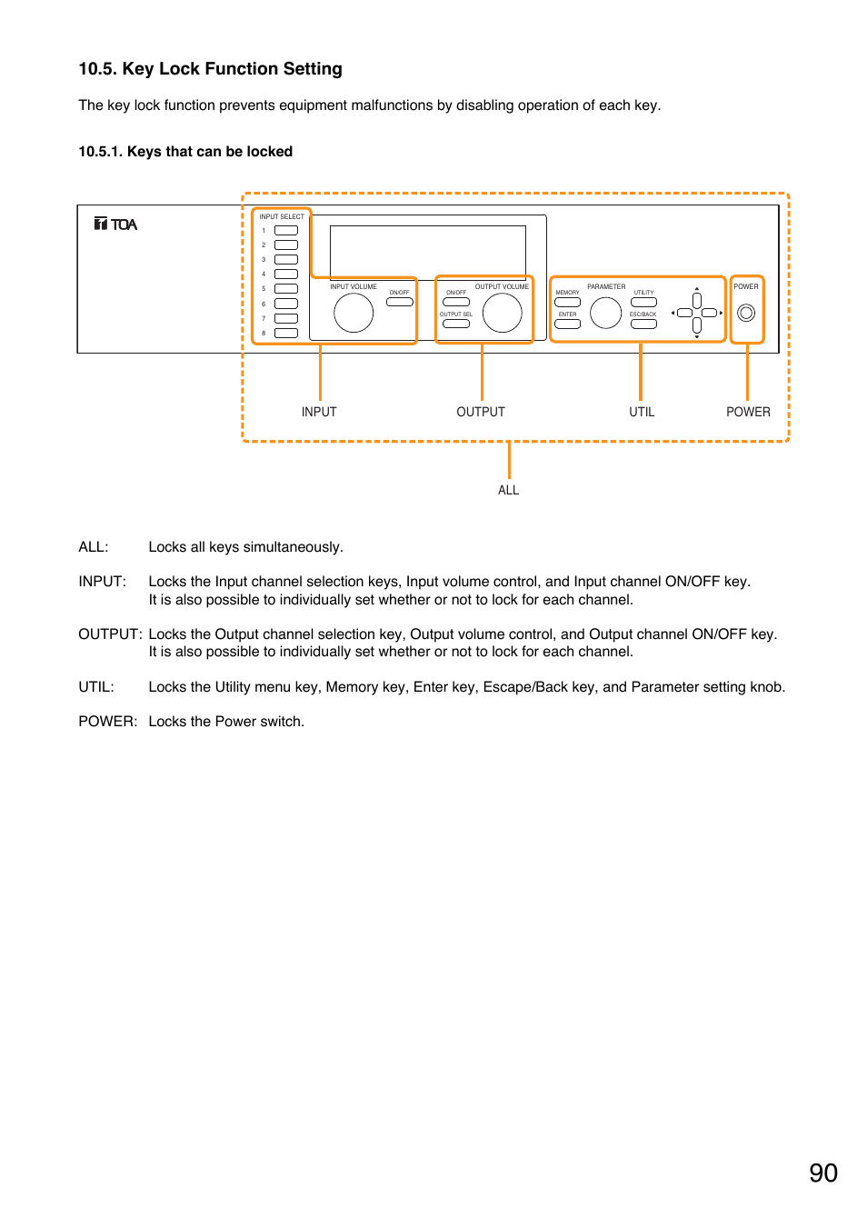 Key lock function setting, Keys that can be locked, P. 90 "key | Lock function setting | Toa A-9240SHM2 User Manual | Page 90 / 163