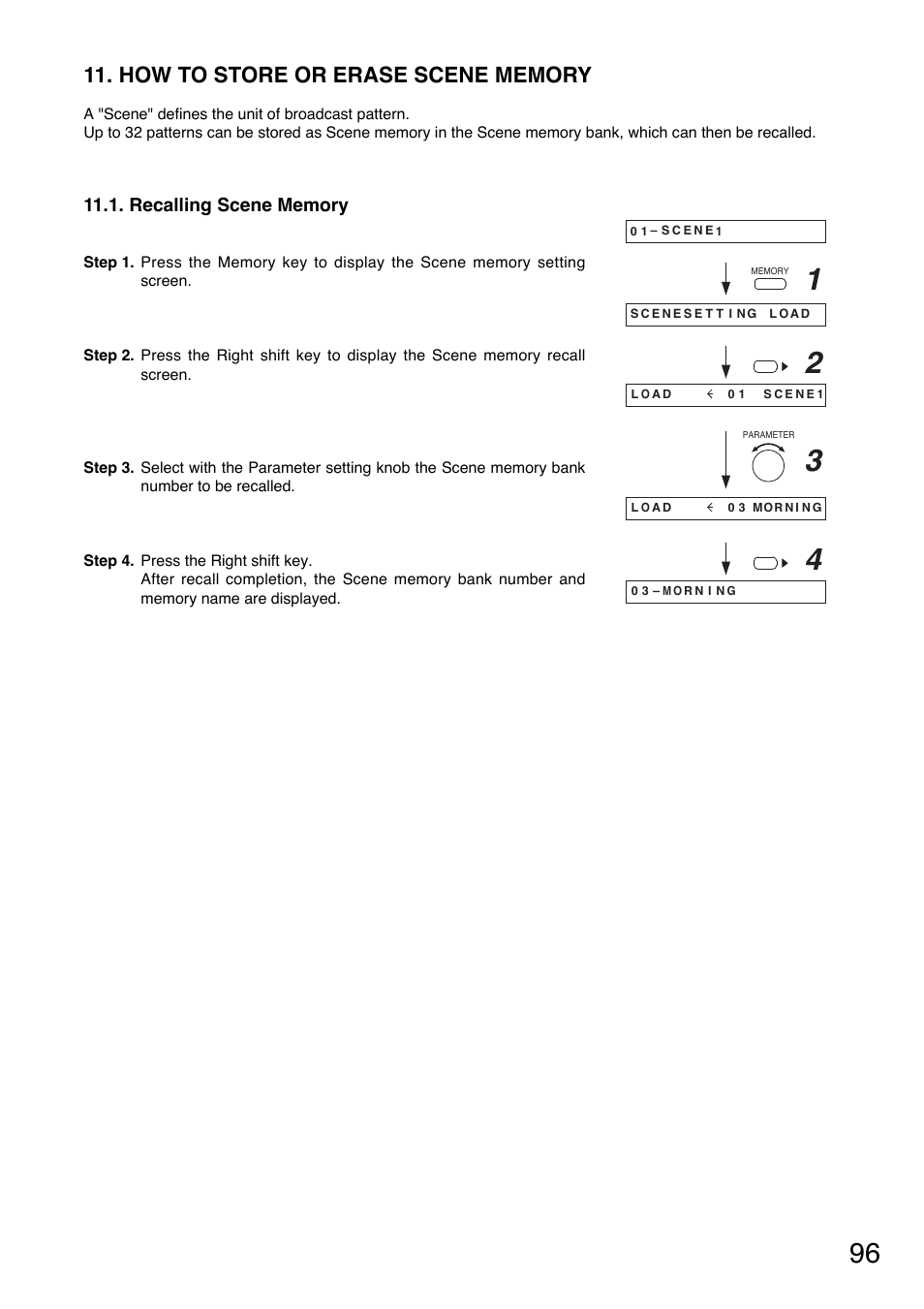 How to store or erase scene memory, Recalling scene memory | Toa A-9240SHM2 User Manual | Page 96 / 163