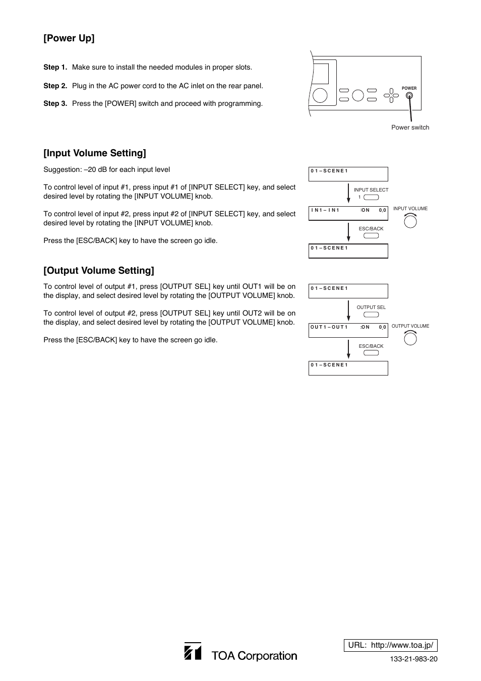 Power up, Input volume setting, Output volume setting | Toa 9000M2 Series Quick Start User Manual | Page 2 / 2