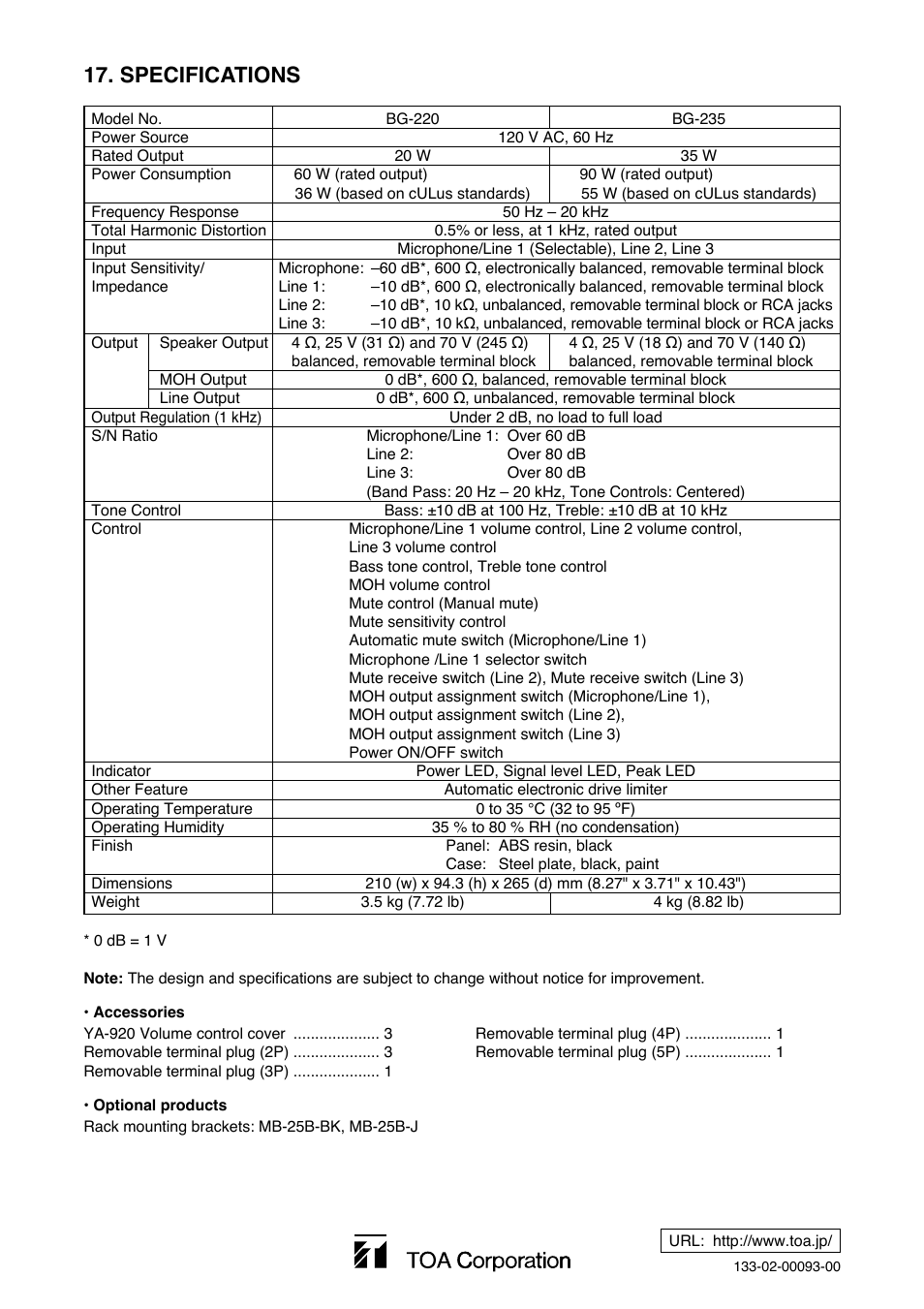 Specifications | Toa BG-235 User Manual | Page 16 / 16