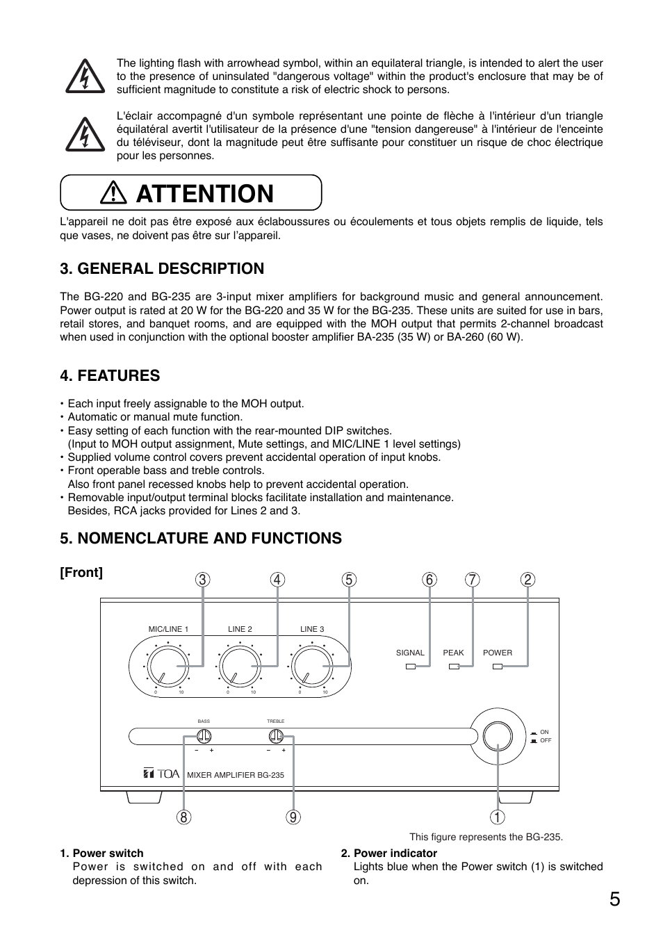 Attention, Nomenclature and functions, General description | Features, Front | Toa BG-235 User Manual | Page 5 / 16