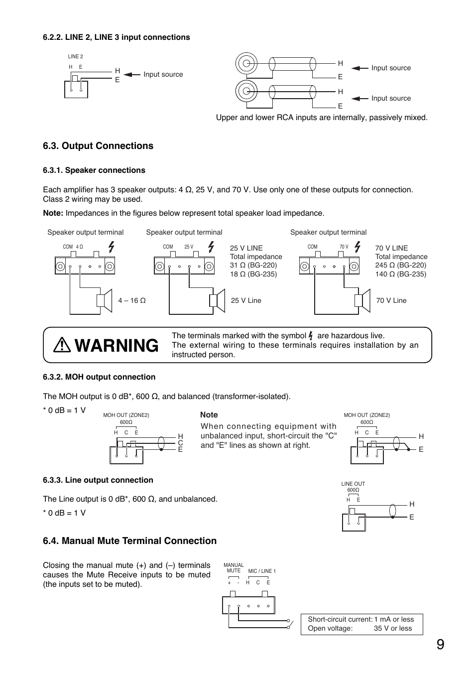 Warning, Manual mute terminal connection, Output connections | Toa BG-235 User Manual | Page 9 / 16