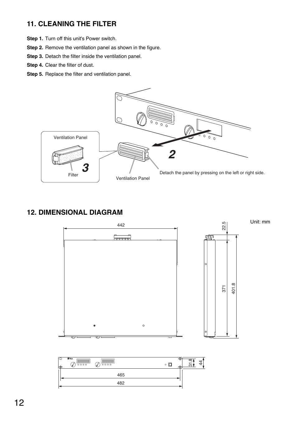 Cleaning the filter, Dimensional diagram | Toa DA-250DH CE-AU User Manual | Page 12 / 16