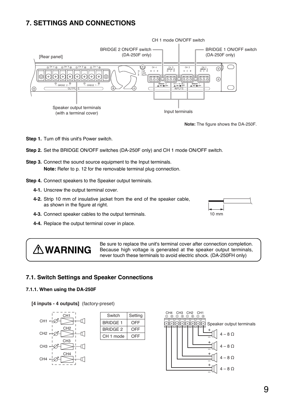 Warning, Settings and connections, Switch settings and speaker connections | Toa DA-250FH CE-AU User Manual | Page 9 / 20