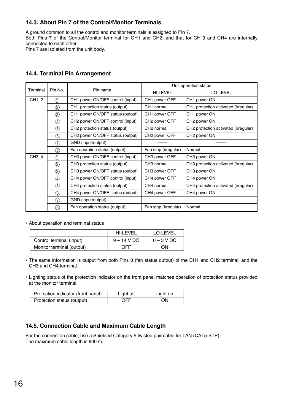 About pin 7 of the control/monitor terminals, Connection cable and maximum cable length, Terminal pin arrangement | Toa DA-500FH CE-AU User Manual | Page 16 / 20