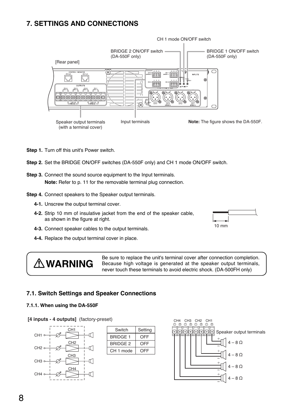 Warning, Settings and connections, Switch settings and speaker connections | Toa DA-500FH CE-AU User Manual | Page 8 / 20