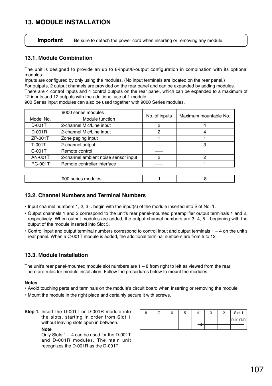 Module installation, Module combination, Channel numbers and terminal numbers | Toa M-9000M2 v.2.00 User Manual | Page 107 / 155