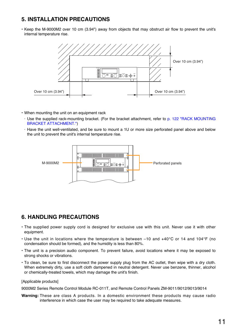 Installation precautions, Handling precautions | Toa M-9000M2 v.2.00 User Manual | Page 11 / 155
