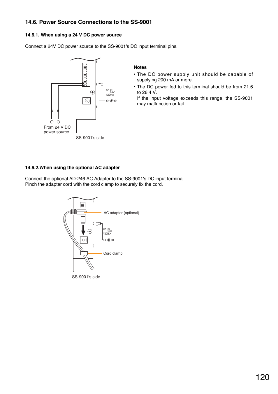 Power source connections to the ss-9001, When using a 24 v dc power source, When using the optional ac adapter | Toa M-9000M2 v.2.00 User Manual | Page 120 / 155