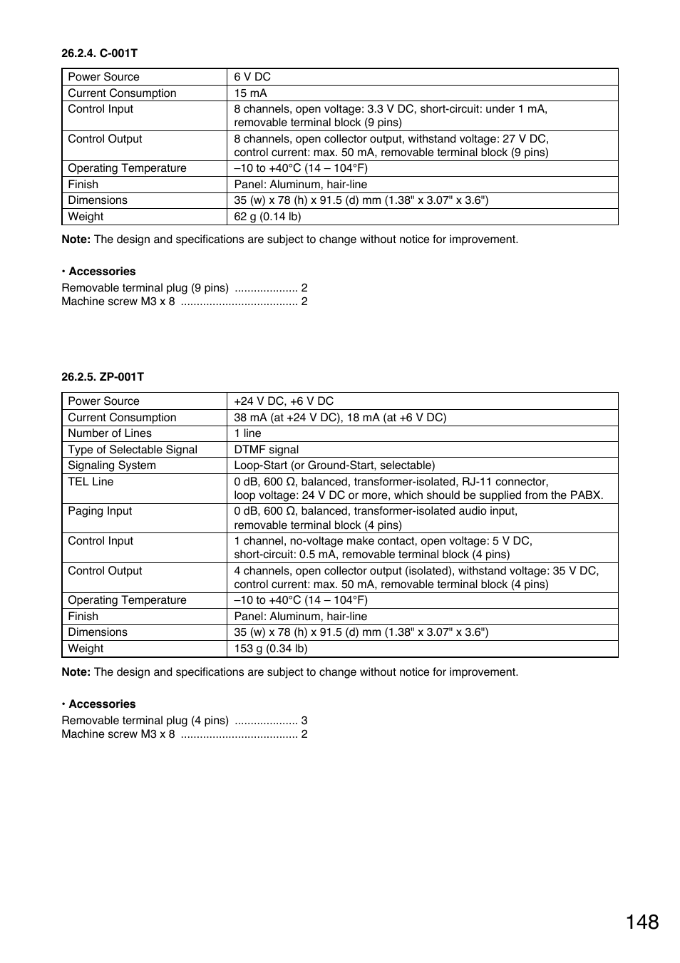 C-001t, Zp-001t | Toa M-9000M2 v.2.00 User Manual | Page 148 / 155