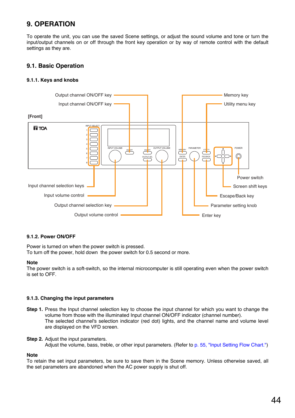 Operation, Basic operation, Keys and knobs | Power on/off, Changing the input parameters | Toa M-9000M2 v.2.00 User Manual | Page 44 / 155