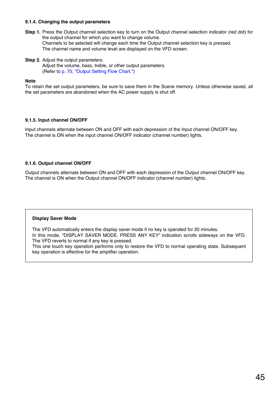 Changing the output parameters, Input channel on/off, Output channel on/off | Toa M-9000M2 v.2.00 User Manual | Page 45 / 155