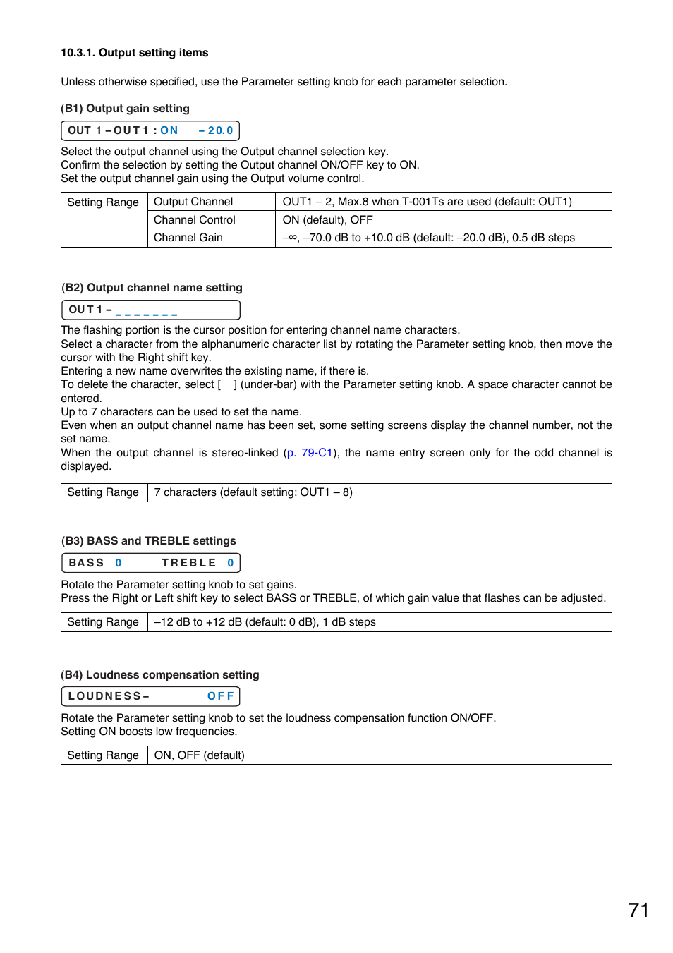 Output setting items, Refer to p. 71, P.71-b1) | P.71-b2), P.71-b4), P.71-b3) | Toa M-9000M2 v.2.00 User Manual | Page 71 / 155