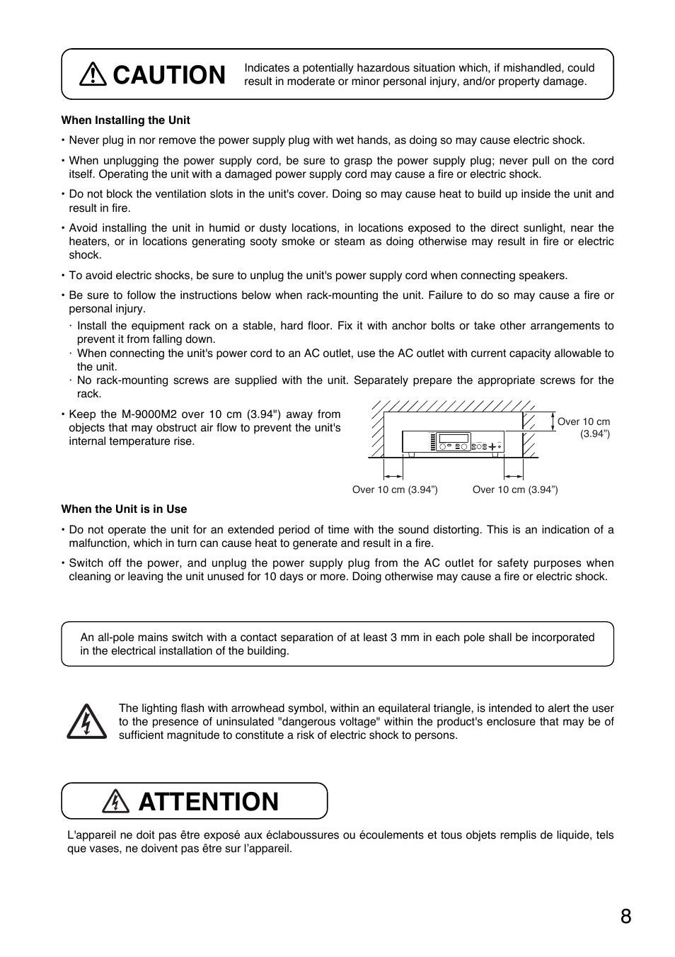 Caution, Attention | Toa M-9000M2 v.2.00 User Manual | Page 8 / 155