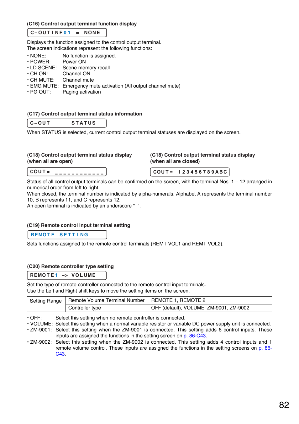 P.82-c16), P.82-c17), P.82-c18) | P.82-c19), P.82-c20), Selectable only when the remote controller type, P. 82-c20, Is set to zm-9001 or zm-9002 | Toa M-9000M2 v.2.00 User Manual | Page 82 / 155