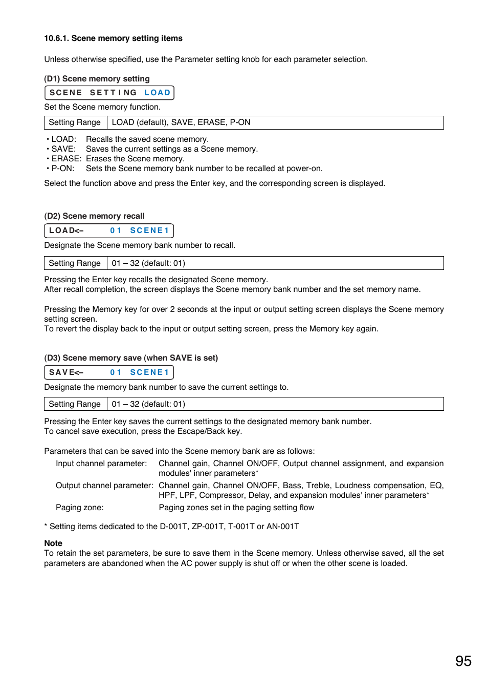 Scene memory setting items, Refer to p. 95, P.95-d1) | P.95-d2), P.95-d3) | Toa M-9000M2 v.2.00 User Manual | Page 95 / 155