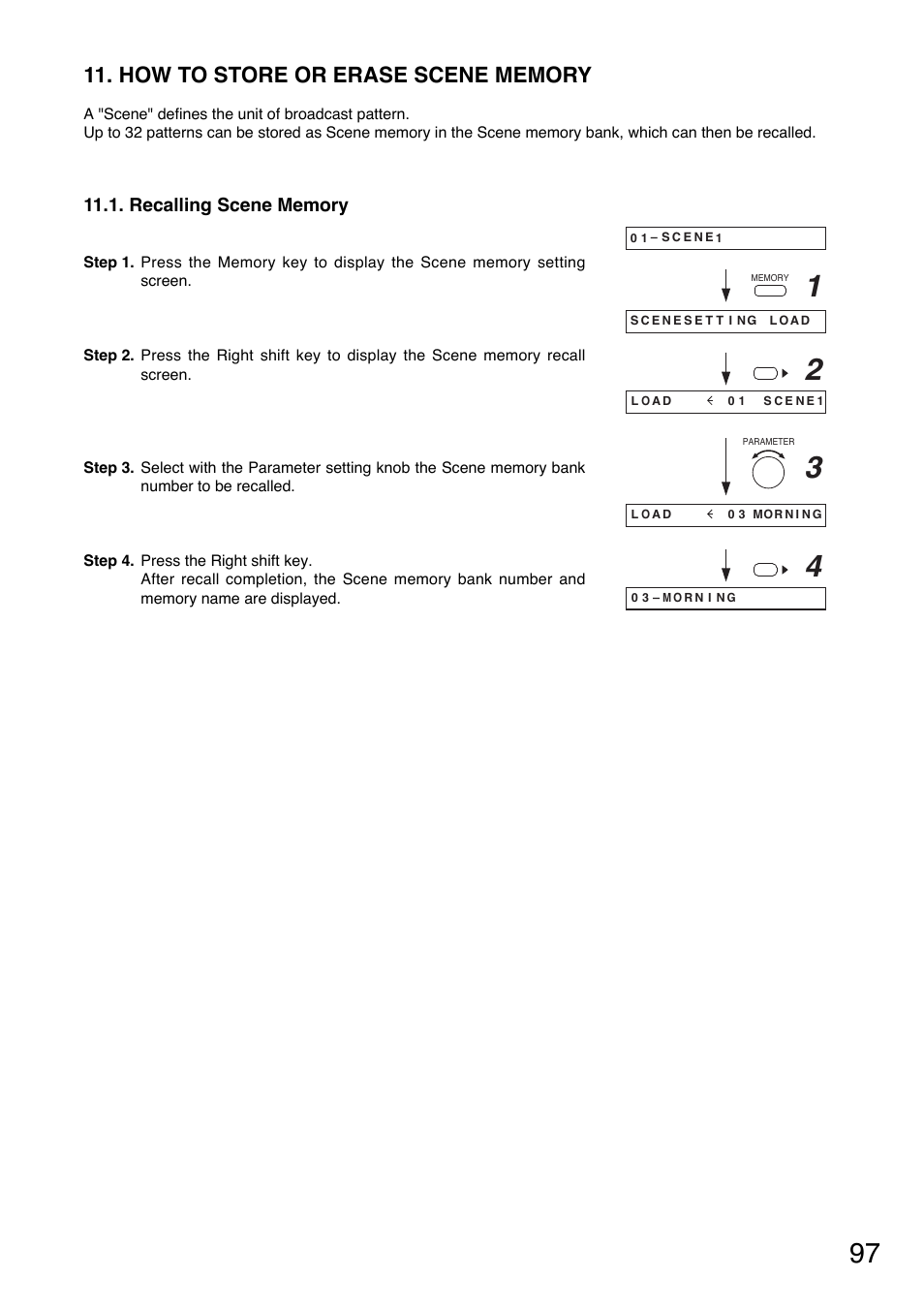 How to store or erase scene memory, Recalling scene memory | Toa M-9000M2 v.2.00 User Manual | Page 97 / 155