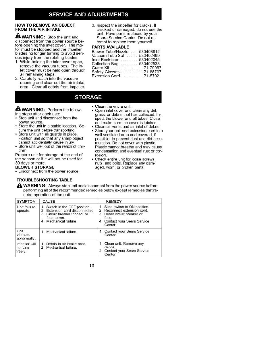 Service and adjustments, Storage | Craftsman 358.799431 User Manual | Page 10 / 21