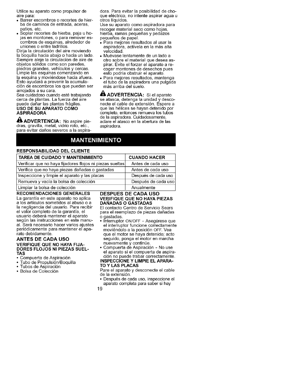 Mantenimiento | Craftsman 358.799431 User Manual | Page 19 / 21