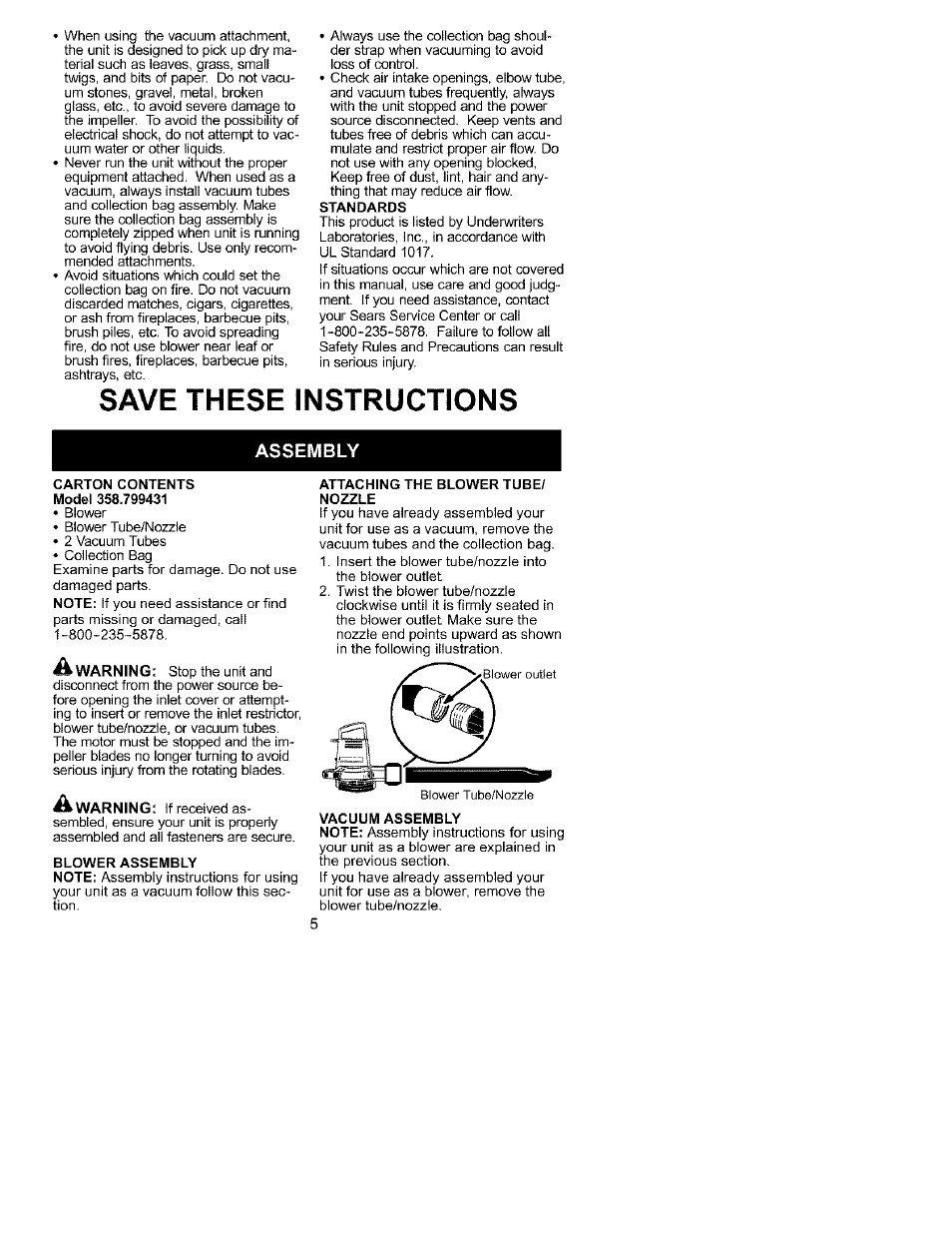 Assembly, Save these instructions | Craftsman 358.799431 User Manual | Page 5 / 21