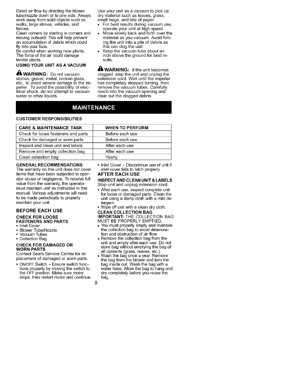 Maintenance | Craftsman 358.799431 User Manual | Page 9 / 21