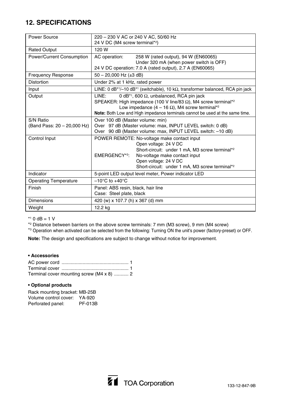 Specifications | Toa P-1812 User Manual | Page 12 / 12