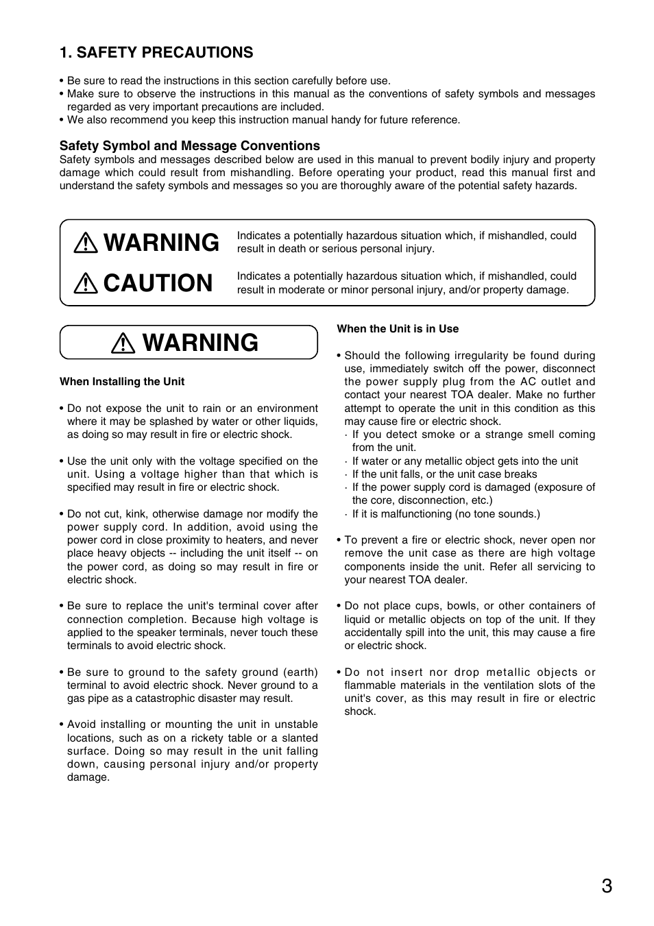 Warning, Warning caution, Safety precautions | Toa P-1812 User Manual | Page 3 / 12