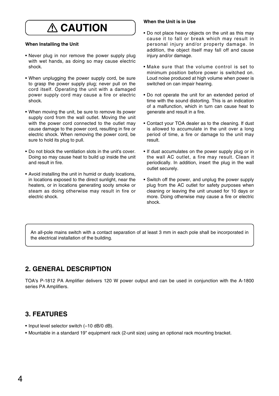 Caution, General description, Features | Toa P-1812 User Manual | Page 4 / 12