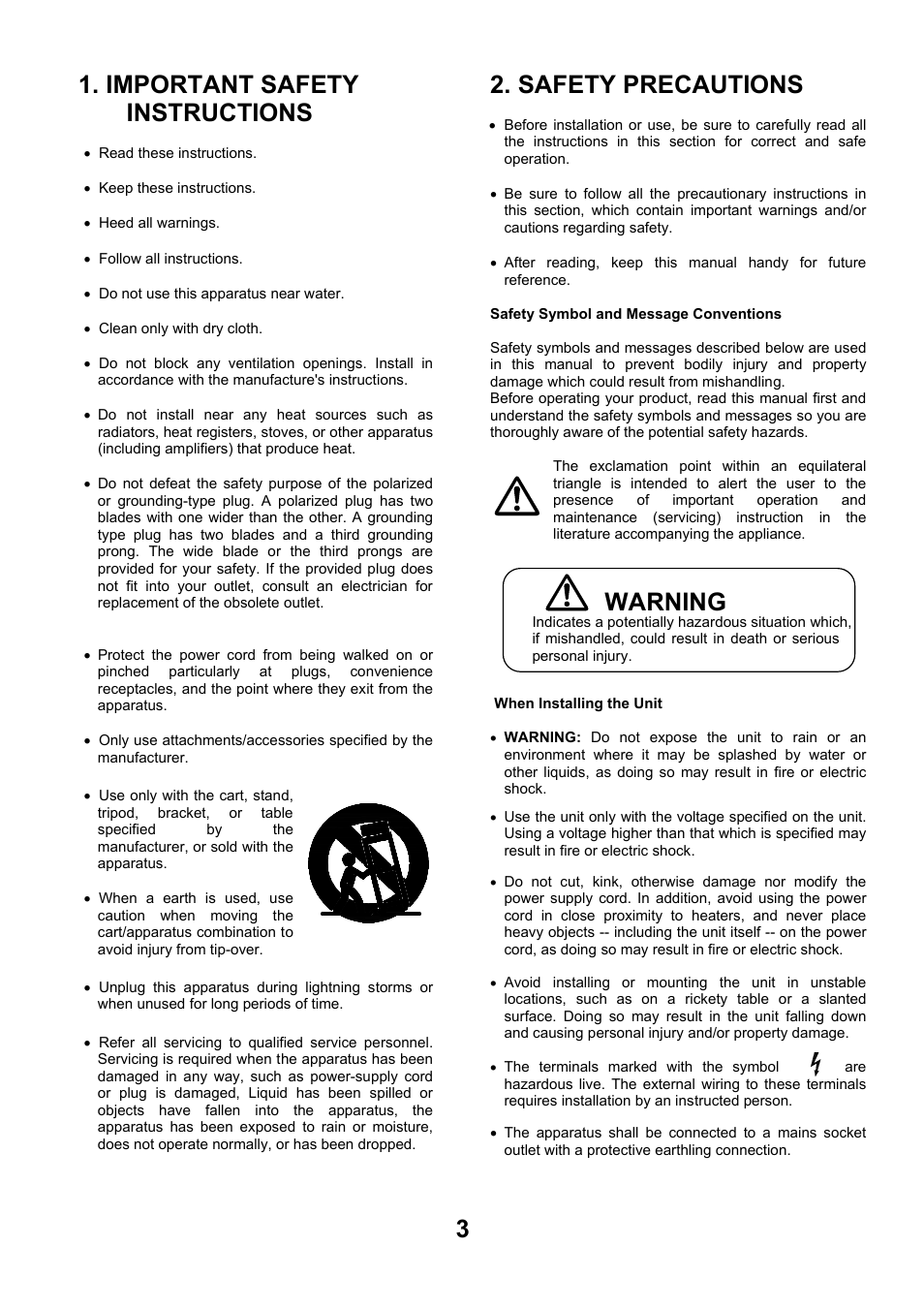 Important safety instructions, Safety precautions, Warning | Toa P-2240 SA User Manual | Page 3 / 12