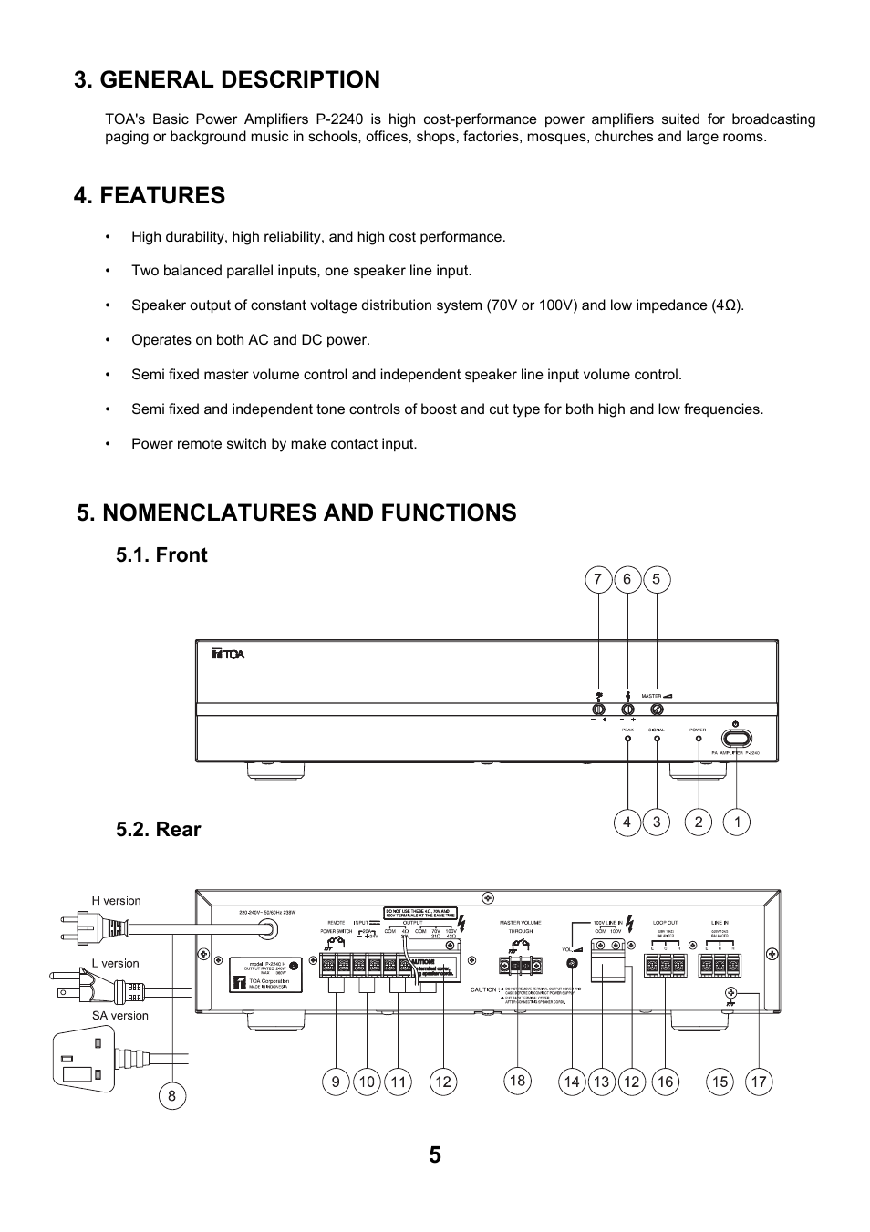 General description, Features, Nomenclatures and functions | Rear 5.1. front | Toa P-2240 SA User Manual | Page 5 / 12